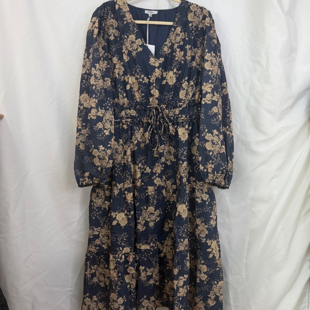 Polagram Womens Navy Floral Tiered‎ Dress Puff Sleeve Ruffle Tie Waist 3XL NWT
